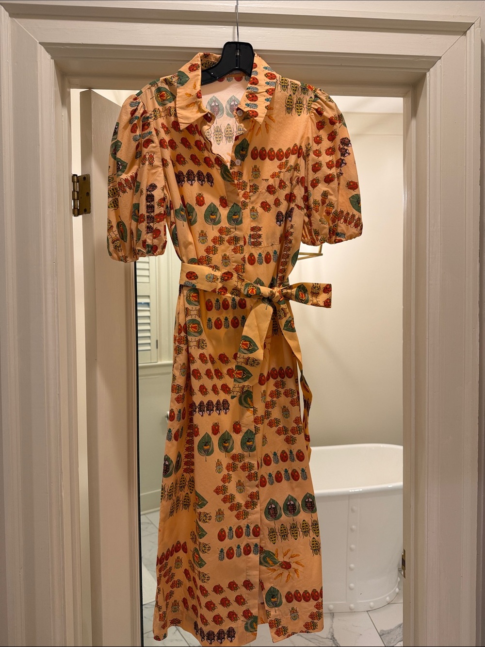 Yellow Printed Midi Shirt Dress with Tie Waist